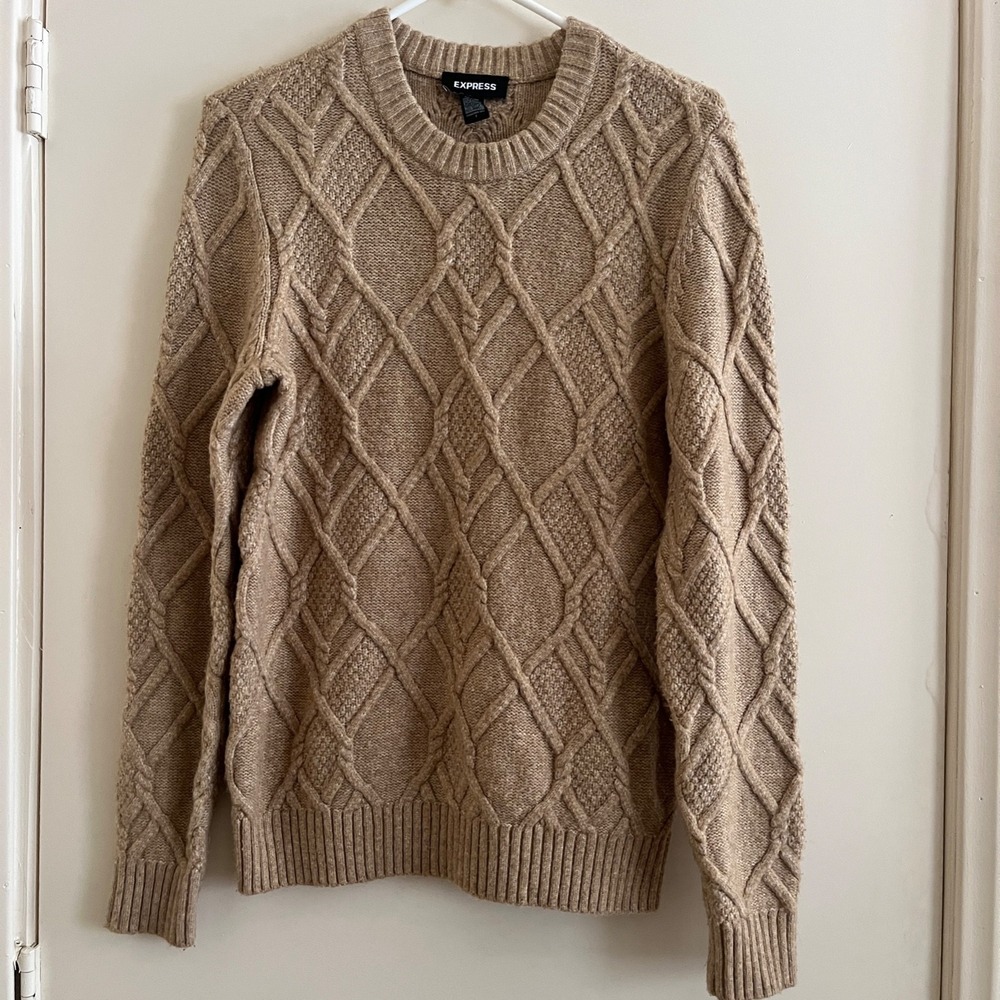 Express Men 3D Cable Knit Sweater Small Beige Crew Neck Fisherman Preppy Coastal
